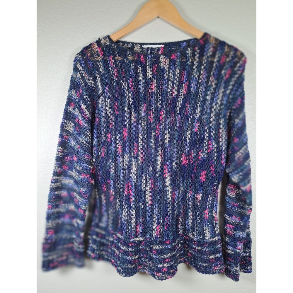 Vintage Space Dye Open Knit Sweater Navy Pink Boucle Boat Neck RN 55768